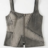 MQTIME  -  Y2k American Raw-edge Denim Vest Crop Top Women Design Zipper Waist Slimming Sexy Hot Girl Spaghetti-strap Top Suspender Top