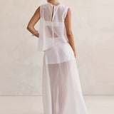 MQTIME  -  Summer O-neck Sleeveless Vest Top & Long Skirt Outfits Casual Loose Women's Holiday Suits White See Through Mesh Two Piece Set