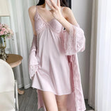  MQTIME  -  Sexy Fashion Lace Splicing Robe Outfits Elegant Women V-Neck Spaghetti Strap Nightdress Robe 2Pcs Set Summer Home Clothes