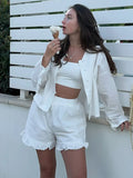 MQTIME  -  Casual  Ruffles Shirt Shorts Sets Women 2 Pieces 2025 Summer Single Breasted V-neck Loose Shirts Wide Leg Shorts Suits Solid