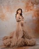 MQTIME  -  Luxury Nude Tulle Maternity Dress Photoshoot Mermaid Voluminous Ruffle Train Maternity Photoshoot Baby Shower Dresses with Shawl