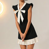 MQTIME  -  Women Polka Dot Print Patchwork OL Mini Dress Summer Y2k Elegant Flying Sleeve V Neck Pleated Hem Short A-line Dress