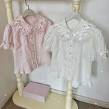 MQTIME  -  Summer Sweet Lolita Peter Pan Collar Puff Short Sleeve Women Blouse Y2k Bow Appliques Single Breasted Clothes Casual Cute Shirt