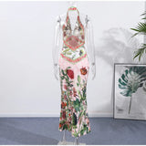  MQTIME  -  Print Long Dress For Women Stand Deep V-neck Sleeveless Backless Waist Cinching Robe Summer Elegant Female Party Dresses