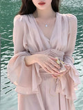 Mqtime Chiffon Dresses for Women Long Sleeve Casual Fashion Dress Fairycore Solid Ruffles Midi V Neck New Spring Summer Dress