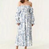  MQTIME  -  Woman Vintage Floral Dress Puff Long Sleeve Off Shoulder Ruffle Long Dress Spring Fall Casual Vintage Bohemian Dresses