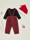MQTIME  -  Toddler Boy Holiday Outfit Set with Letter Print Romper Plaid Suspender Pants and Matching Hat - 3 Piece Christmas Ensemble