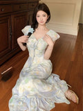 MQTIME  -  Dresses Women Temperament Floral Printed Ruffles Patchwork Bandage V Neck Elegant Summer Fashion Female Dress Casual