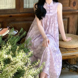 MQTIME  -  Women's New Chinese Style Sleeveless Cheongsam Dress Floral Print Mandarin Collar Frog Button Loose Fit Maxi Dress