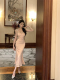 MQTIME  -  Sleeveless Dresses Women Sexy Slash Neck Rhinestone Slim Elegant Temperament Party Dress Ladies Backless Vintage