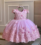 MQTIME  -  White Green Flower Girl Dress For Wedding Applique Tulle Short Sleeve Pearl Princess Kids Birthday First Communion Ball Gown