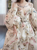 MQTIME  -  Sexy Off-shoulder Puff Sleeve Wedding Dress Women Floral And Butterfly Print Long Tailing Party Dress Toast Clothing