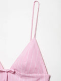 MQTIME  -  Fashion Sexy V-neck Stripe Pink Bow Short Dress 2025 New Sleeveless Slim Sweet Chi Slip Dress Streetwear Y2K Woman Clothing
