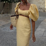 MQTIME  -  Elegant Solid Square Collar Holiday Long Dress Women Puff Sleeve Party Dress Lady 2025 Hollow Waist High Street Summer Dress