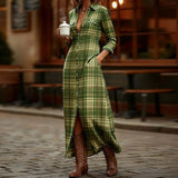 MQTIME  -  Plaid Print Shirt Women Dress Long Sleeve Button Side Pocket Casual Holiday Dress Daily Commute Streetwear Loose Maxi Dress