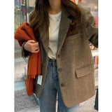 Mqtime Coffee Woolen Blazer Women Autumn Winter New Korean Fashion Thick Padded Casual Jacket Lady Outerwear Loose Coat