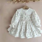  MQTIME  -  Autumn New Girls Long Sleeve Floral Dress Cotton Baby Girl Lace Peter Pan Collar Princess Dress Children Casual Dress