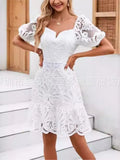 Mqtime 2025 Summer New Chic Hollow Out White Party Dress Women New Sexy Lace Mini Dresses Female Vintage Elegant A-line Short Dresses