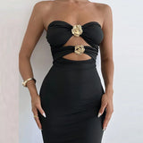 MQTIME  -  Trendy Skinny Metal Buckle Hollow Out Party Gown Sexy Strapless Twist Solid Evening Dress Elegant Lady Sleeveless One-piece Robe