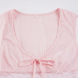 MQTIME  -  Japanese Sexy Lace Patchwork V Neck Bow Camisole Womens Sweet Pure Desire Style Slim Fit Minimalist Young Girl Blouse