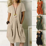 MQTIME  -  Summer New Cotton And Linen Solid Color Loose Round Neck Short-sleeved Dress Casual Style Long Dress