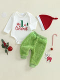 MQTIME  -  Newborn Baby Outfits Winter Warm Letter Print Romper Plush Pants with Hat 3Pcs Christmas Clothes Sets Long Sleeve