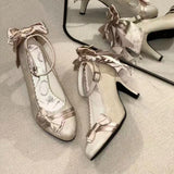 MQTIME  -  Japanese Vintage Elegant Lolita Mary Jane Shoes Wome Sweet Pointed Tip Bow Velvet Thin High Heels Chic Birthday Tea Party Pumps