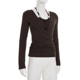 MQTIME  -  Y2K Grunge Solid Long Sleeve Fake Two T-shirts Vintage Fashion Beads Halter Pullover Tops 90s Women Basic Street T-shirt