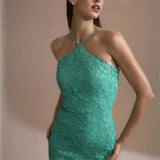 MQTIME  -  Party Dresses For Woman Sexy Halter Neck Backless Lace Fishtail Evening Dress Solid Color Sleeveless Slim Vestidos Elegant Robe