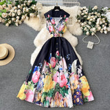 MQTIME  -  Summer New Holiday Beach Dress Women Notched Collar Sleeveless Single Breasted Floral Print Belt Long Boho Female Party Vestido