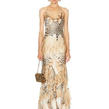 MQTIME  -  Vintage Leopard Print Long Dress Women Spaghetti Strap Halter High Waist Ruffle A-Line Dresses Summer Beach Vacation Formal Gown