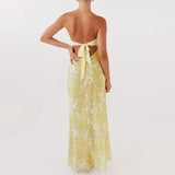 MQTIME  -  Flower Print Patchwork Strapless Evening Dress Lady Casual Off Shoulder High Waist Party Dress Elegant Backless Slim Long Dress