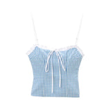 MQTIME  -  Woman's Fashion Sexy Slim Tank Top Blue Plaid Sleeveless Backless Bow Lace-Up Decorate Summer Short Tops Woman Trendy