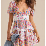 MQTIME  -  Women Summer Floral Patchwork Mini Dress Y2k Aesthetic V Neck Tie Back Tiered Ruffle Dress Bohemia Layered Swing Short Dress