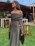 Mqtime Off Shoulder Backless Pleated Satin Maxi Dresses For Women Elegant Split Long Sleeve Dress Green Dress Lady Party Club Vestidos