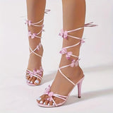 MQTIME  -  Luxury Bowknot Super High Heel Ankle Strap Sandals Women Summer Sexy Cross Strap Stilettos Sandals Woman Pink Wedding Shoes