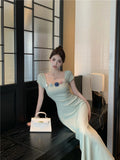 MQTIME  -  Women Mint Mambo Style Short Sleeved Dress Women's Summer Korean Chic Waist Slimming A line Long Dresses