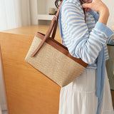  MQTIME  -  Women's Khaki Straw Weave Leather Patchwork Tote Bag Vacation Casual Aesthetic Beach Daily Shoulder Handbag Summer Trend