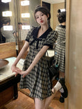 MQTIME  -  2024 Summer New Fashionable French Slimming Large Bow Bubble Sleeves Black and White Plaid Dress V-neck Short Skirt for women