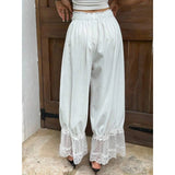 MQTIME  -  Women Mesh See-through Floral Lace Patchwork Ruffle Hem Bloomer Pants Loose Drawstring Elastic Waist Cropped Trousers