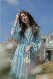 MQTIME  -  Spring 2024 new French floral holiday style long sleeved dress for women's fashion beach style dreamy blue beach long skirt