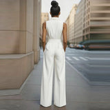 MQTIME  -  Casual Lace-Up Solid Color Long Jumpsuits Women Fashion Waist Pocket Straight Romper Elegant Lapel Button Office Playsuits