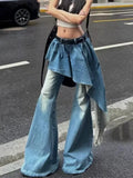 MQTIME  -  Blue fake two-piece jeans female autumn and winter 2024 new retro niche design sense irregular skirt flared pants wide-leg pants