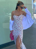 Mqtime Dresses For Women Sweetheart Neck Spaghetti Strap Elegant Vintage Floral Dress Drawstring Tie Front Slit Sexy Bodycon Midi Dress