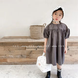 MQTIME  -  Summer Korean Style Baby Girls Cotton Dresses Puff Sleeve Solid Color Kids Robe Children Casual Dress