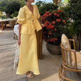 MQTIME  -  Elegant High Waist Holiday Outfit 2025 New Women's V Neck Lace Up Top + Long Skirt Suit Sweet Casual Puff Sleeves Two Piece Set