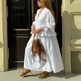 MQTIME  -  Design Ruffled Loose Dress Women's V-neck Tie Bell Sleeve White Commuter Long Dress