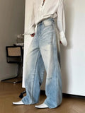 MQTIME  -  Blue Retro Washed Wide Leg Pants For Women, Simple And Loose High Waisted Straight Leg Denim Floor Mopping Pants