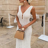 MQTIME  -  Solid Color Hollow Knitted Beach Vacation Dress Elegant Sleeveless Skinny Cover-up Dress Women Sexy Perspective Swimwear Dress