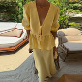 MQTIME  -  Elegant High Waist Holiday Outfit 2025 New Women's V Neck Lace Up Top + Long Skirt Suit Sweet Casual Puff Sleeves Two Piece Set